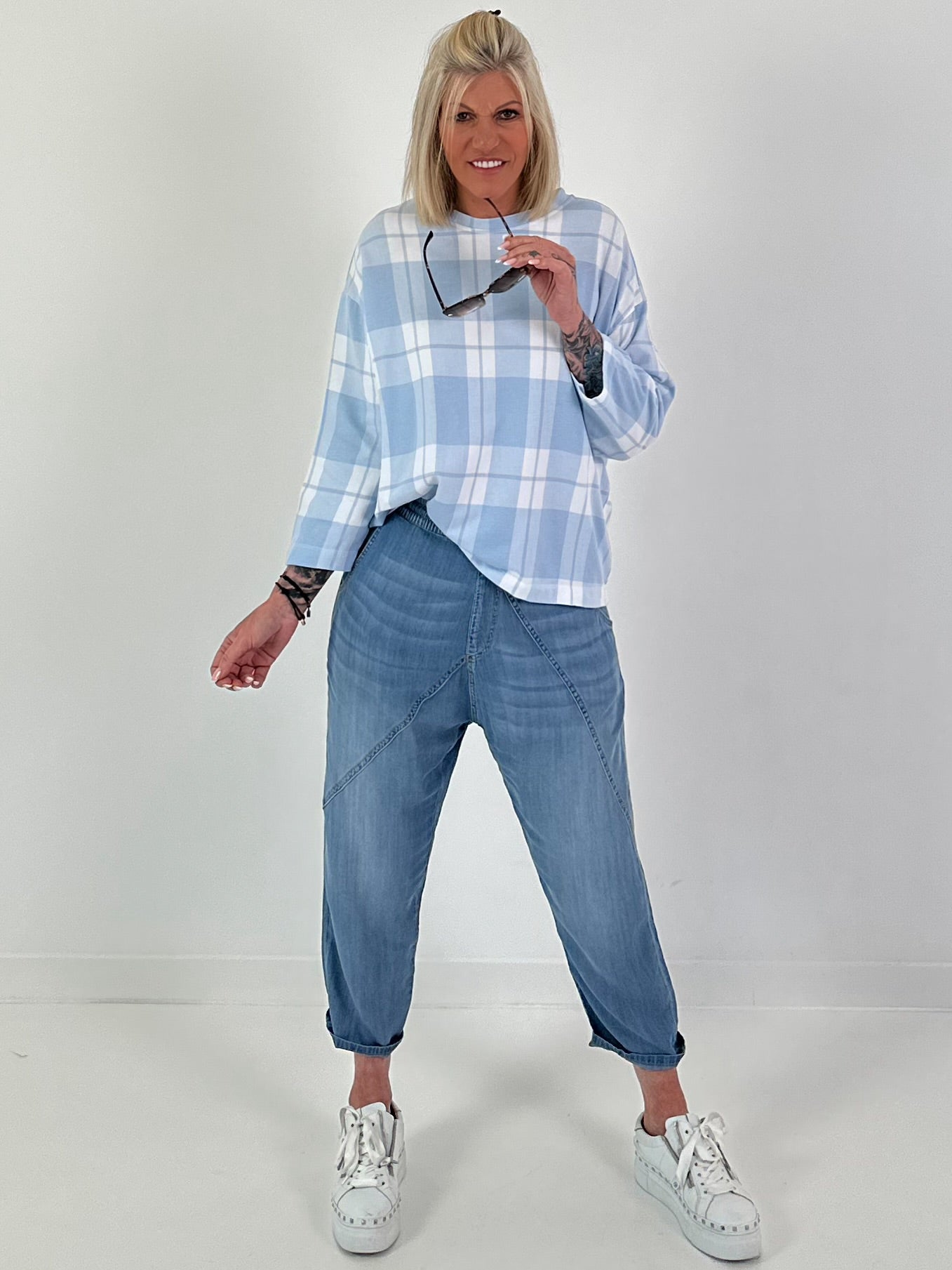 Sweater met ruitpatroon - lichtblauw-wit