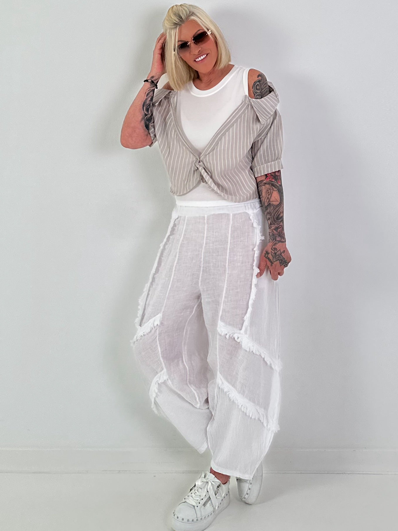 Rib Top with Blouse Layering - white-beige