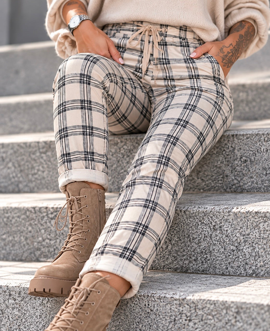 Hose im Karo-Look - beige-mehrfarbig