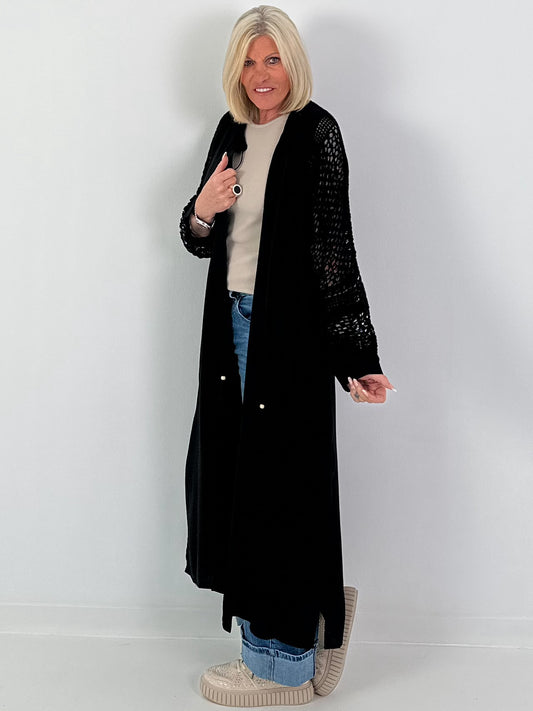 Leinen Mantel mit Häkeleinsätzen - schwarz