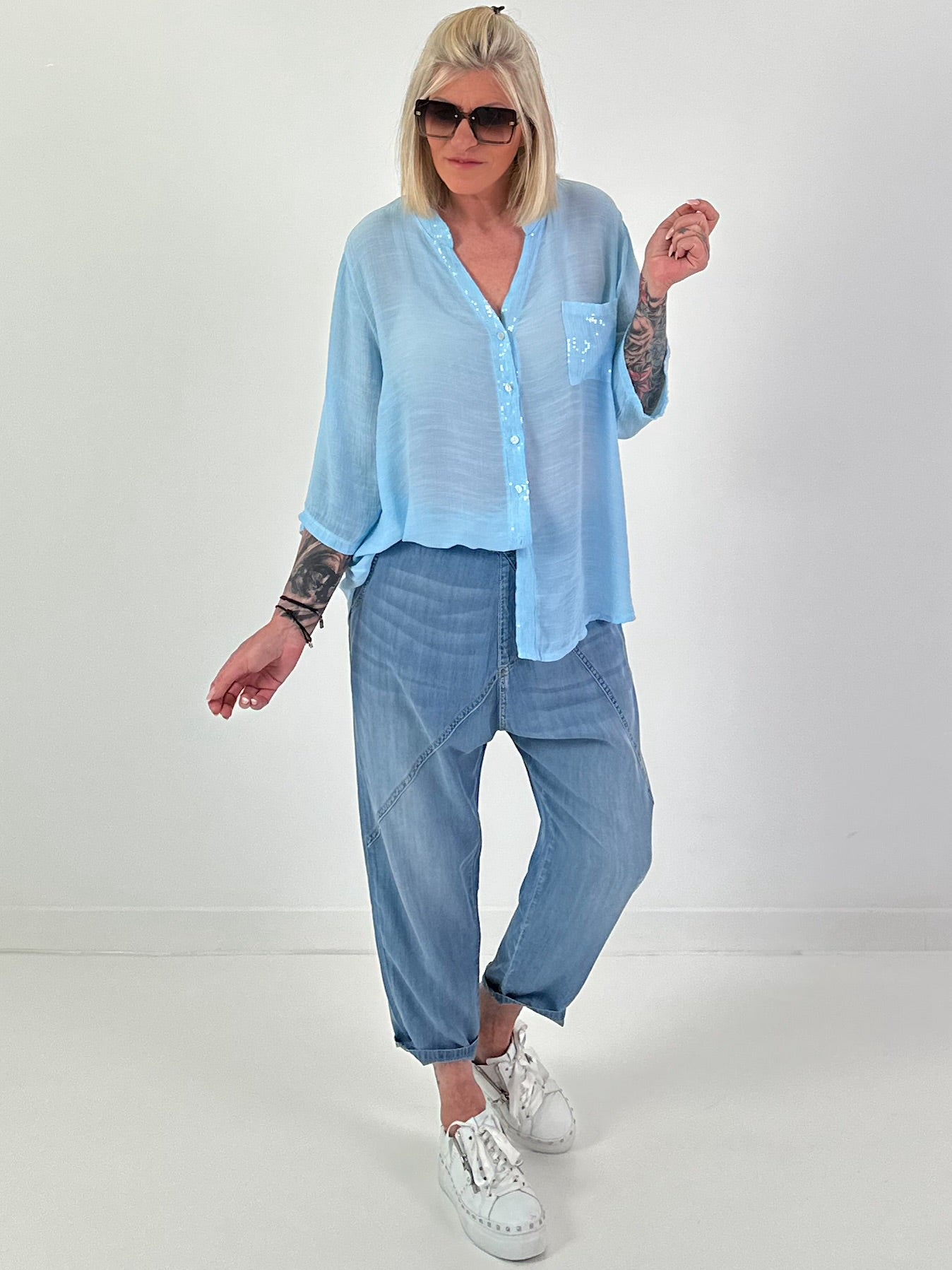 Sequin and crochet detail blouse - light blue
