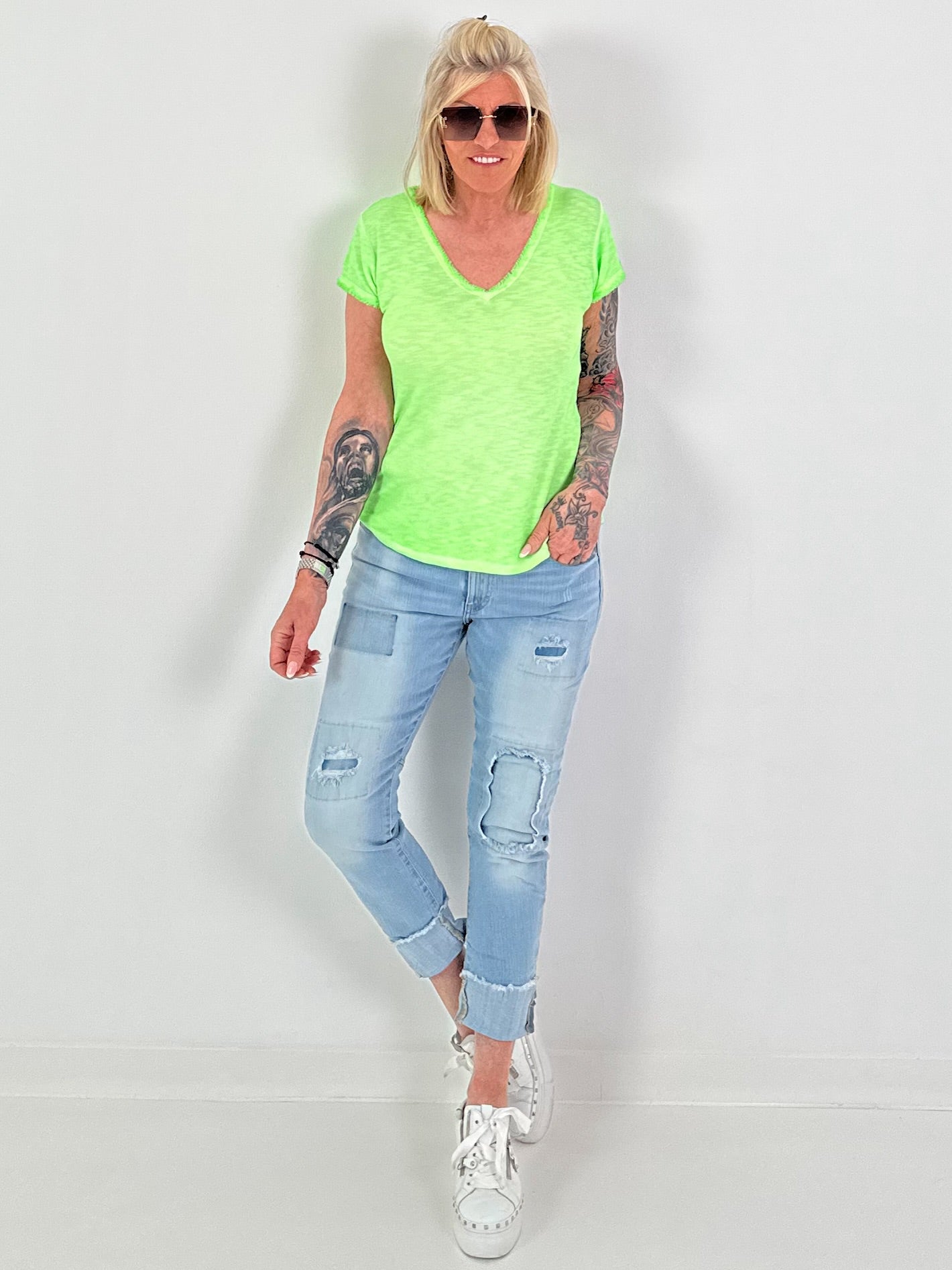 Ribbed T-shirt with fringe - neon green