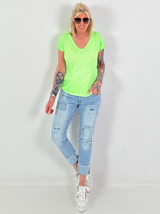 Ripp T-Shirt mit Fransen - neongrün