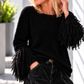 Fringe-look sweater with trumpet sleeves - black