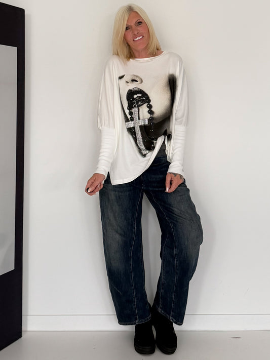 Sweater mit Stulpenärmeln und Strassmotiv Woman & Cross - ecru