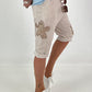 Short Baggy Shorts with Crocheted Flowers and Sequins - Beige