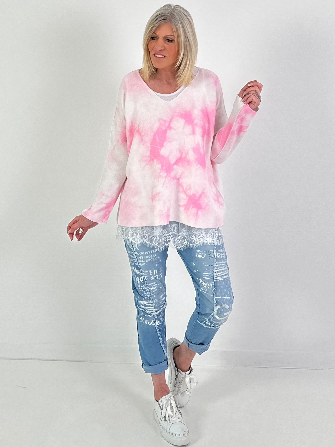 Pullover Batikmuster - weiss-rosa