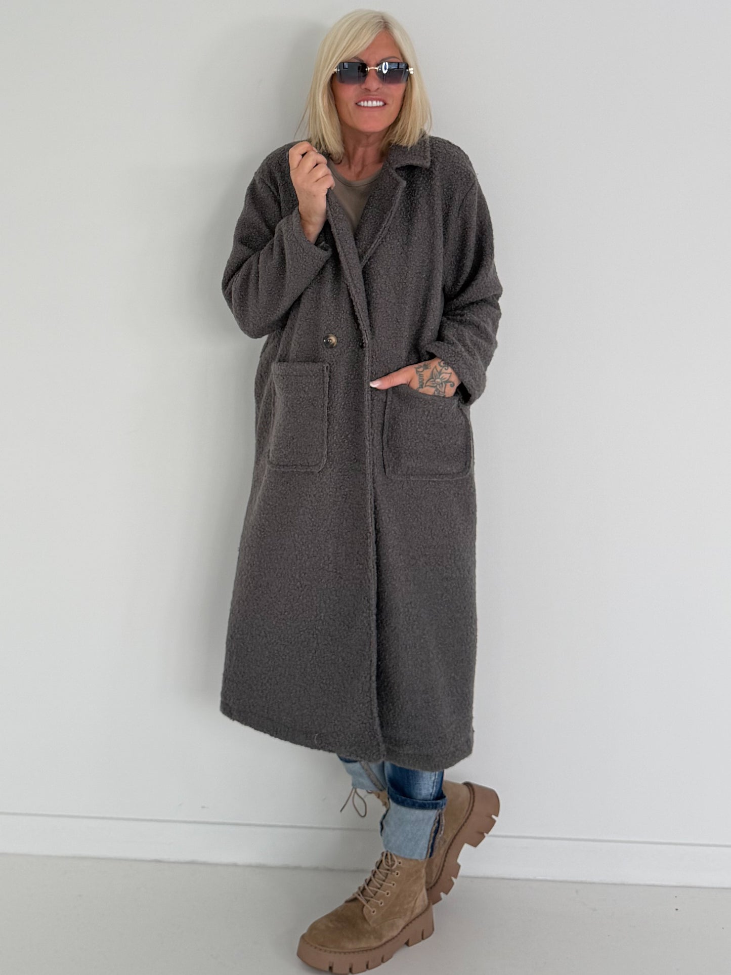 Weicher Bouclé Mantel - anthrazit