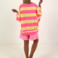 Striped Oversized Sweater with Short Sleeves - Yellow-Neon Pink