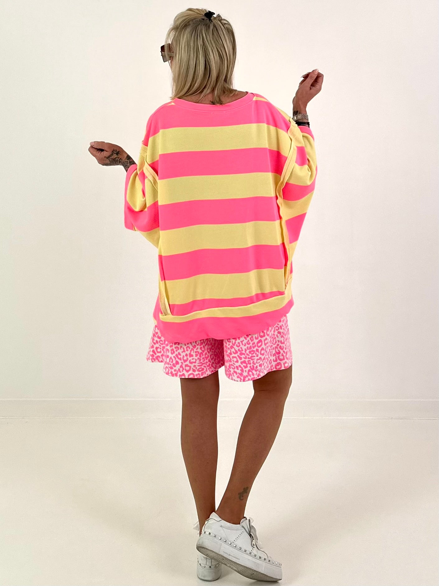 Striped Oversized Sweater with Short Sleeves - Yellow-Neon Pink