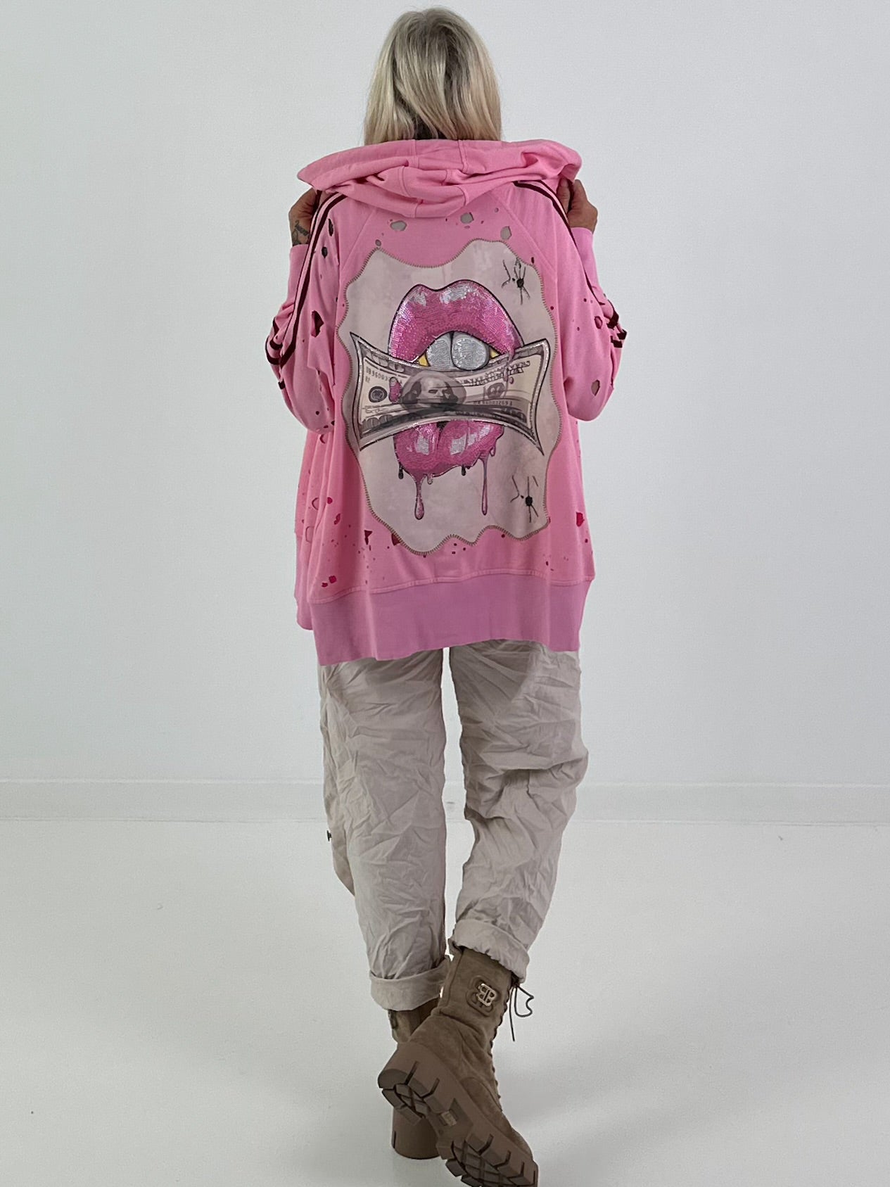 Stylische Sweatshirt Jacke mit großem Rückenpatch Dollar- rosa