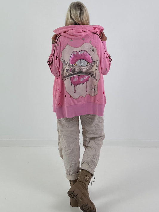 Stylische Sweatshirt Jacke mit großem Rückenpatch Dollar- rosa