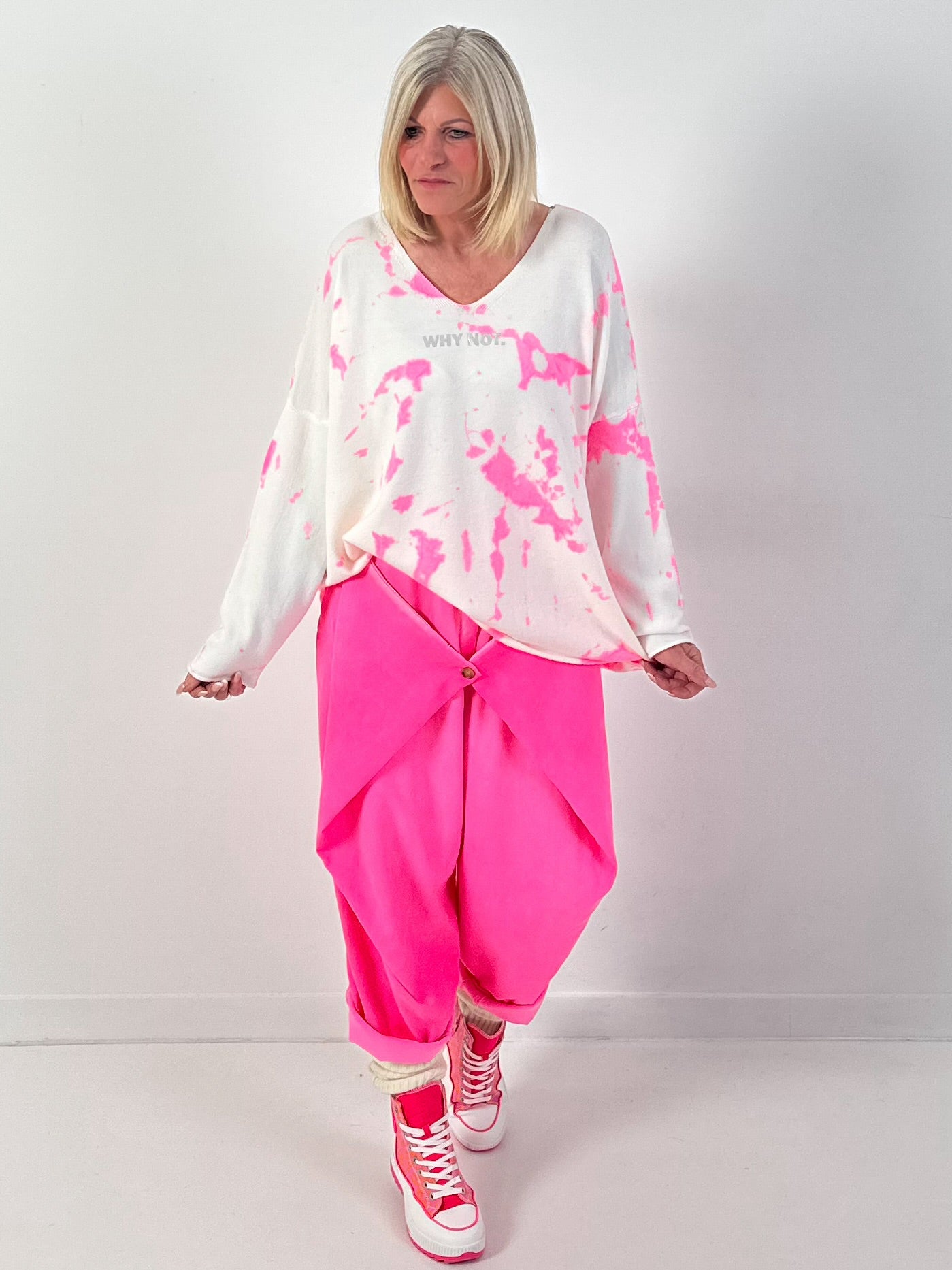 Pullover "WHY NOT"- ecru-neonpink