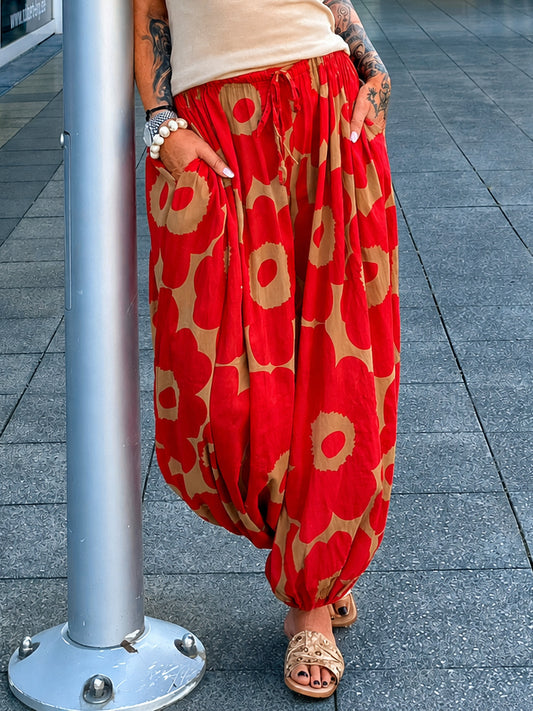 Leichte Pumphose mit floralem Print  - rot-camel