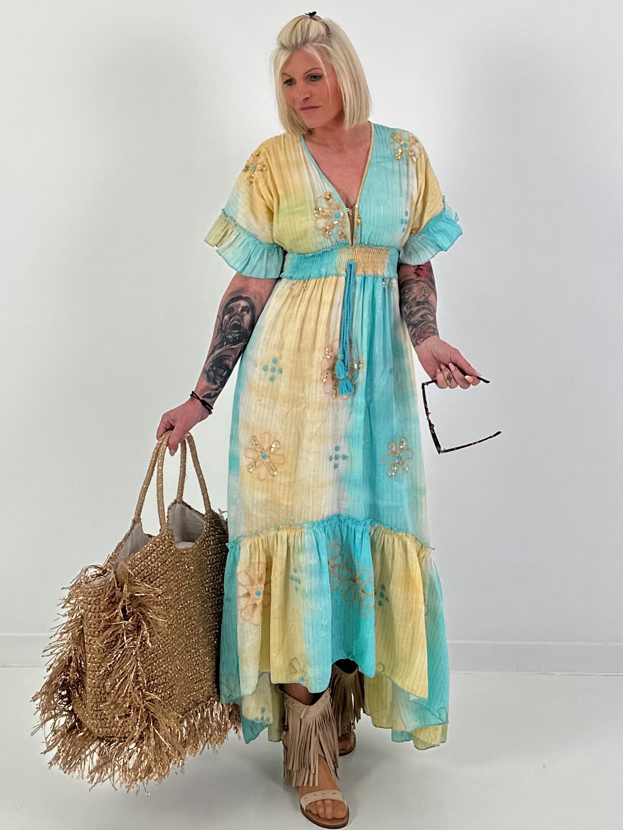 Ibiza Dress with Sequins and Ruffles - turquoise-yellow-multicolored
