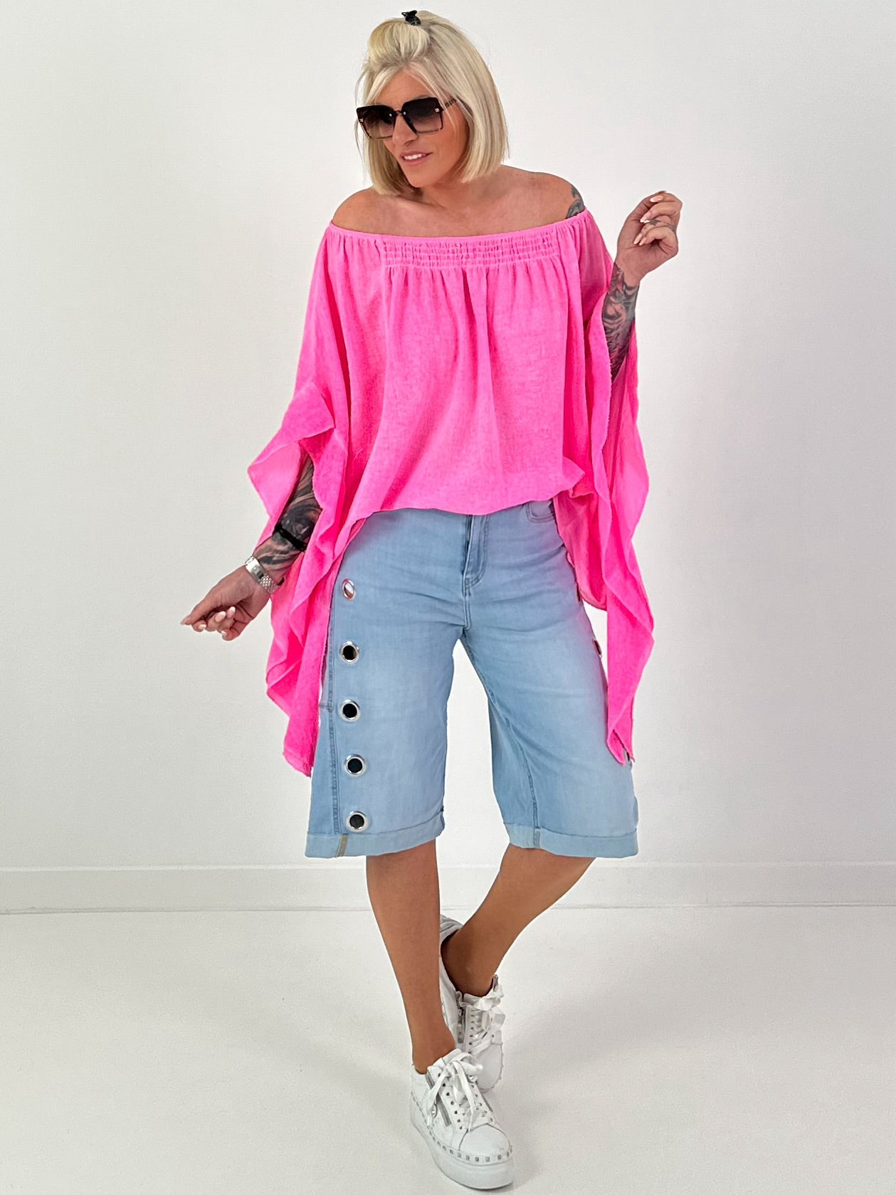 Tunic with side ruffles - neon pink