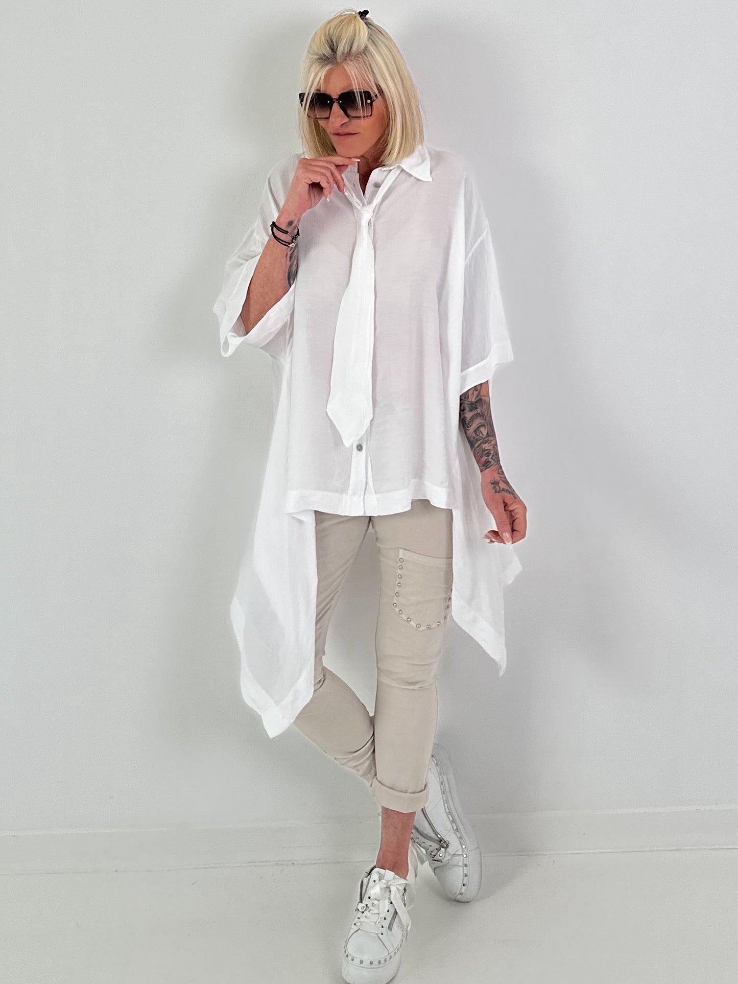 Oversized asymmetrical blouse with tie - white