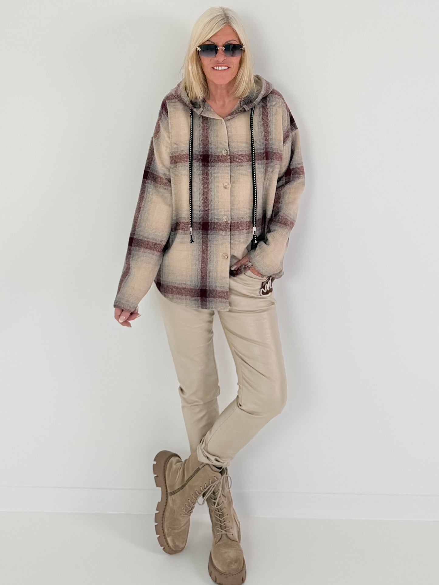 Plaid hooded shacket - beige-bordeaux-multicolored