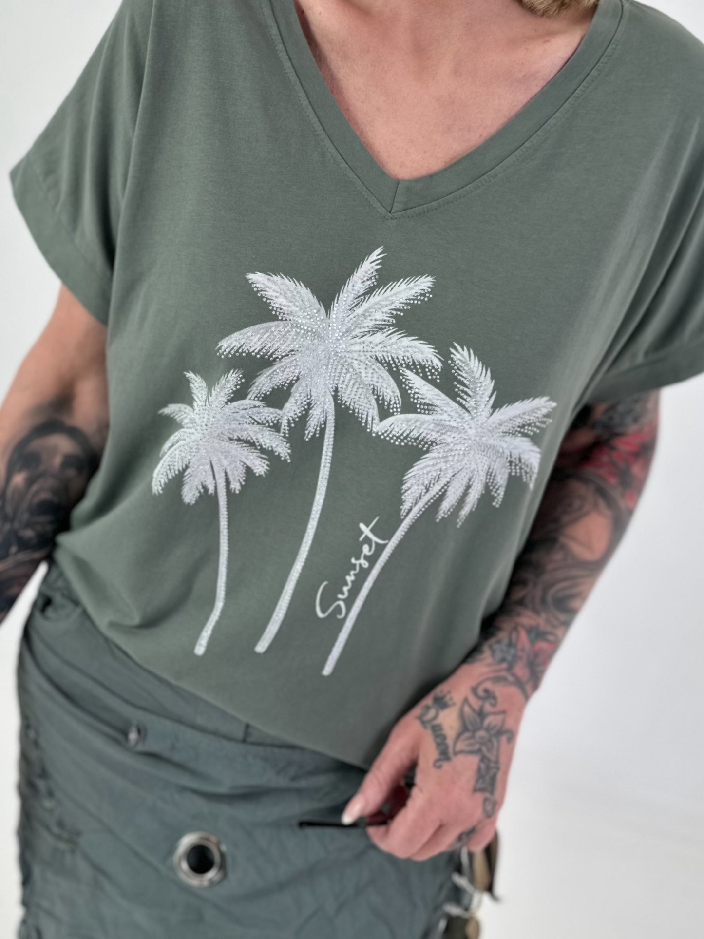 T-shirt with glitter palm trees - khaki