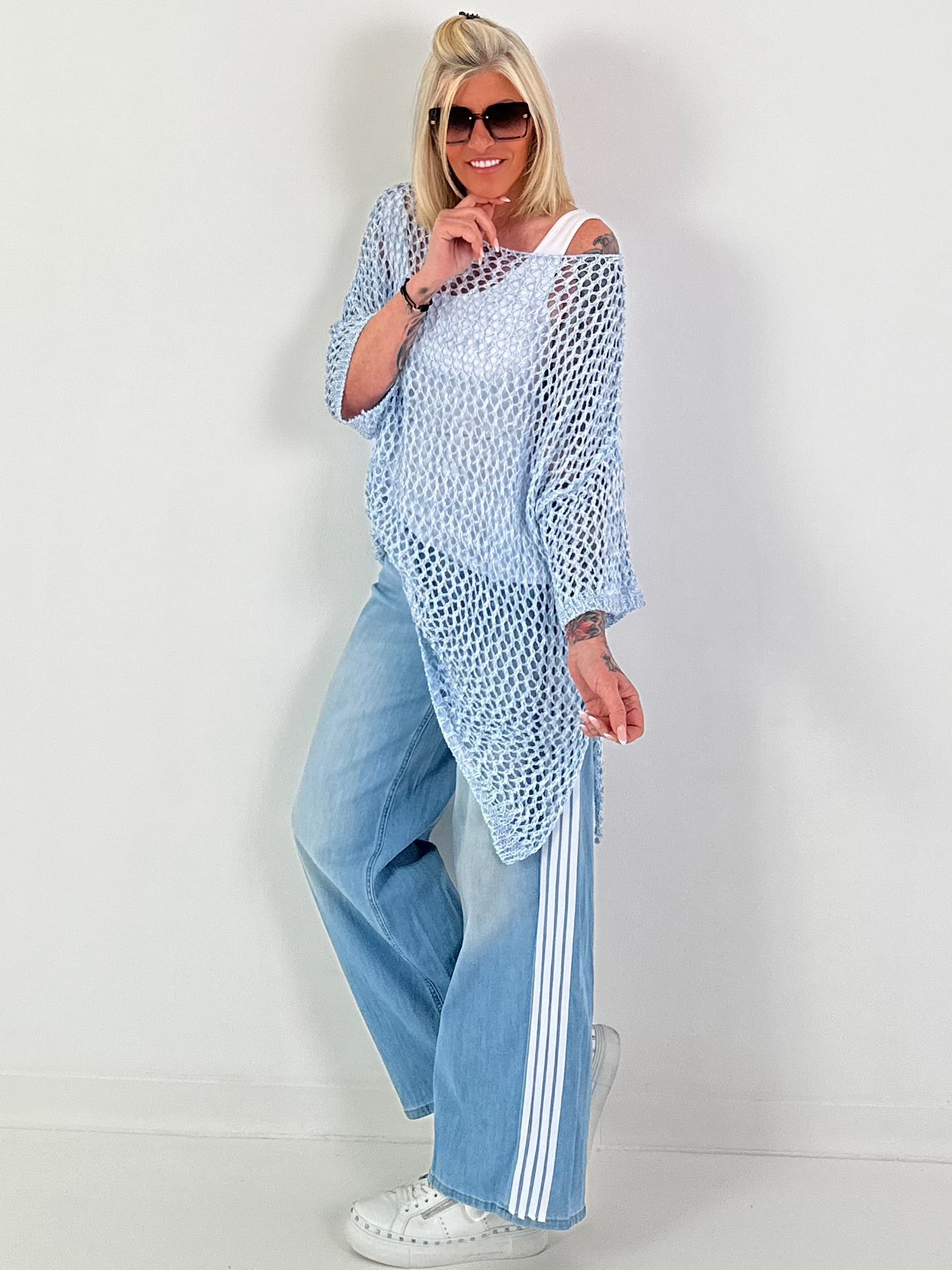 Häkelpullover asymmetrisch - hellblau