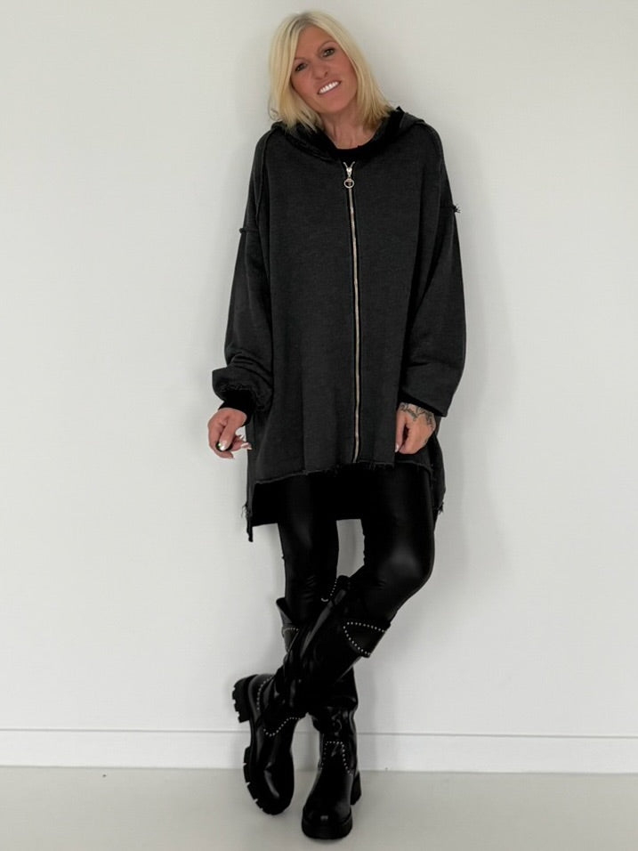 Oversized Long-Sweatjacke im Used-Look - used-black