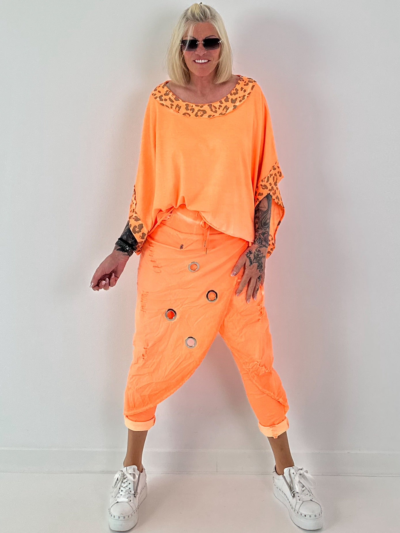 Poncho Shirt mit Leo Print - neonorange