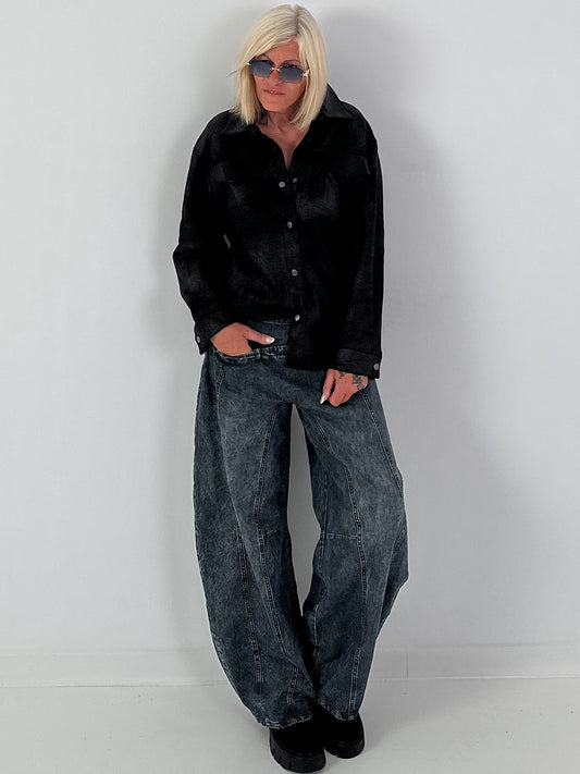 Casual Faux Leather Shirt with Flap Pockets - Black