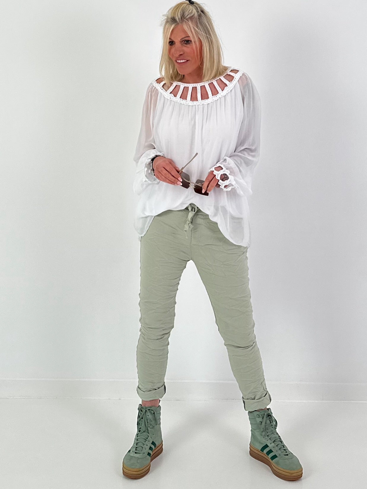Silk Tunic with Crocheted Neckline - White