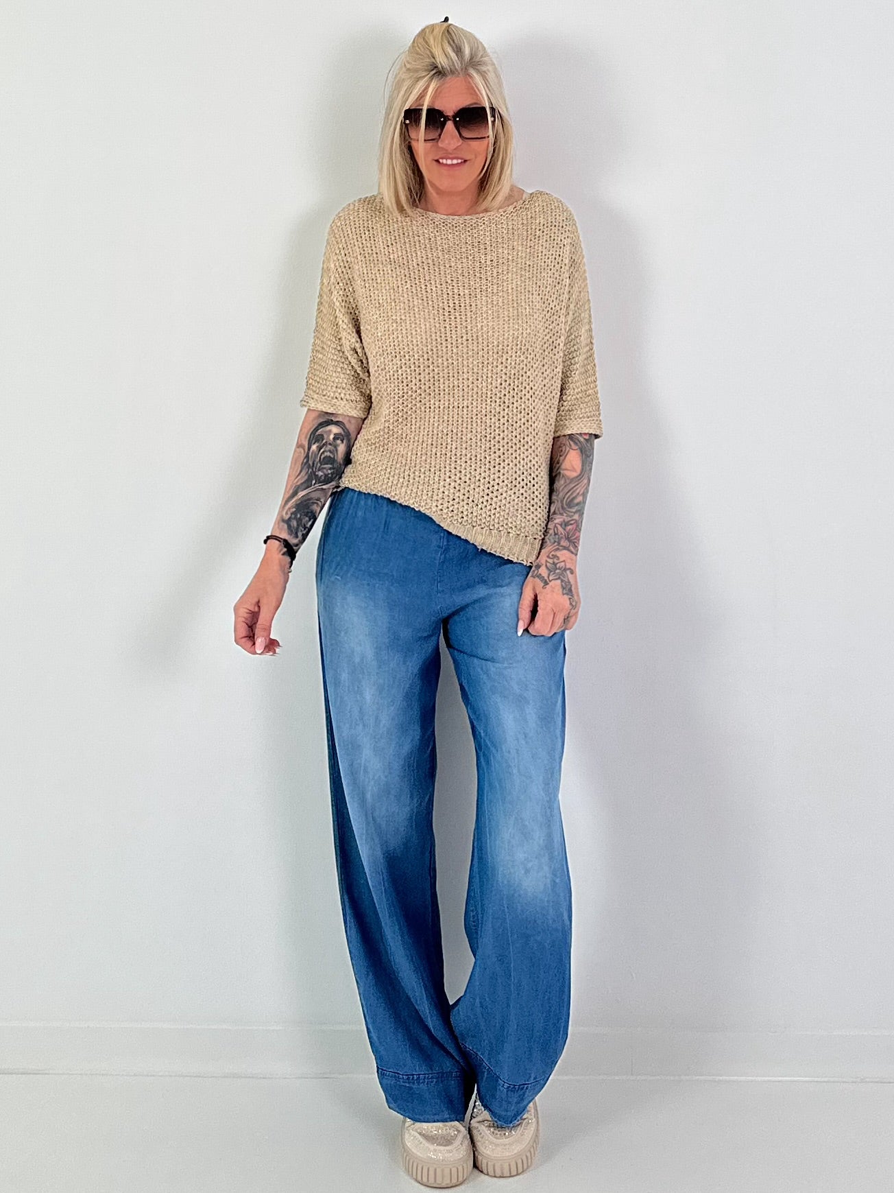 Häkelpulli mit eingearbeiteten Pailletten - beige