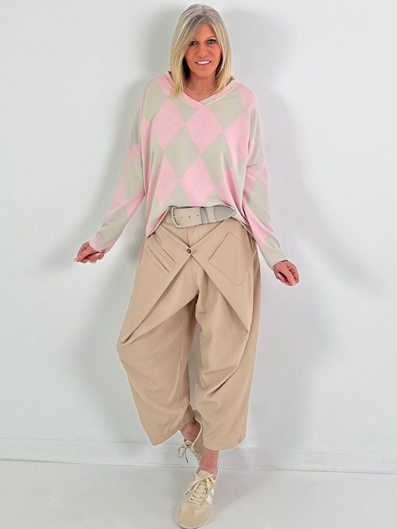Sweater im Rautenmuster - beige-rosa