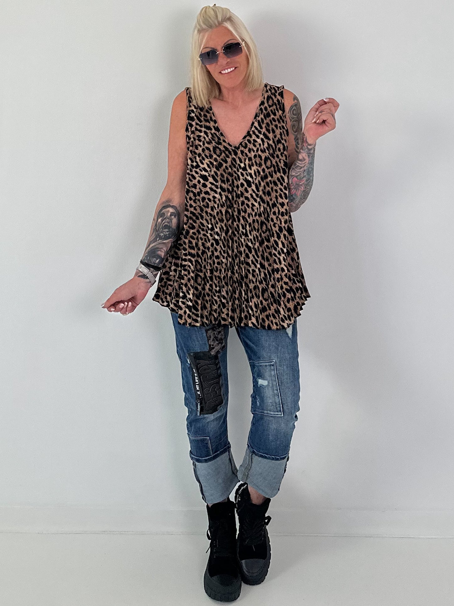 Plissee Long Top mit Leo-Print - camel-mehrfarbig