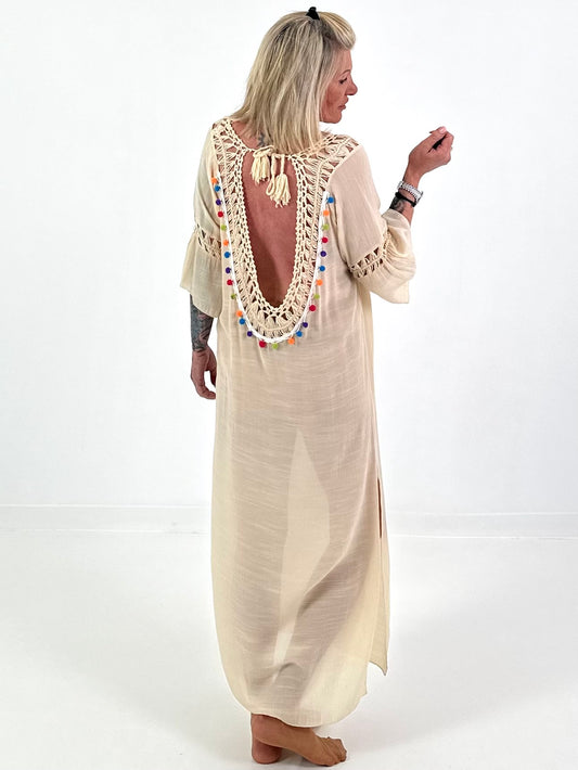 Ibiza Kleid mit Häkeleinsätzen - beige
