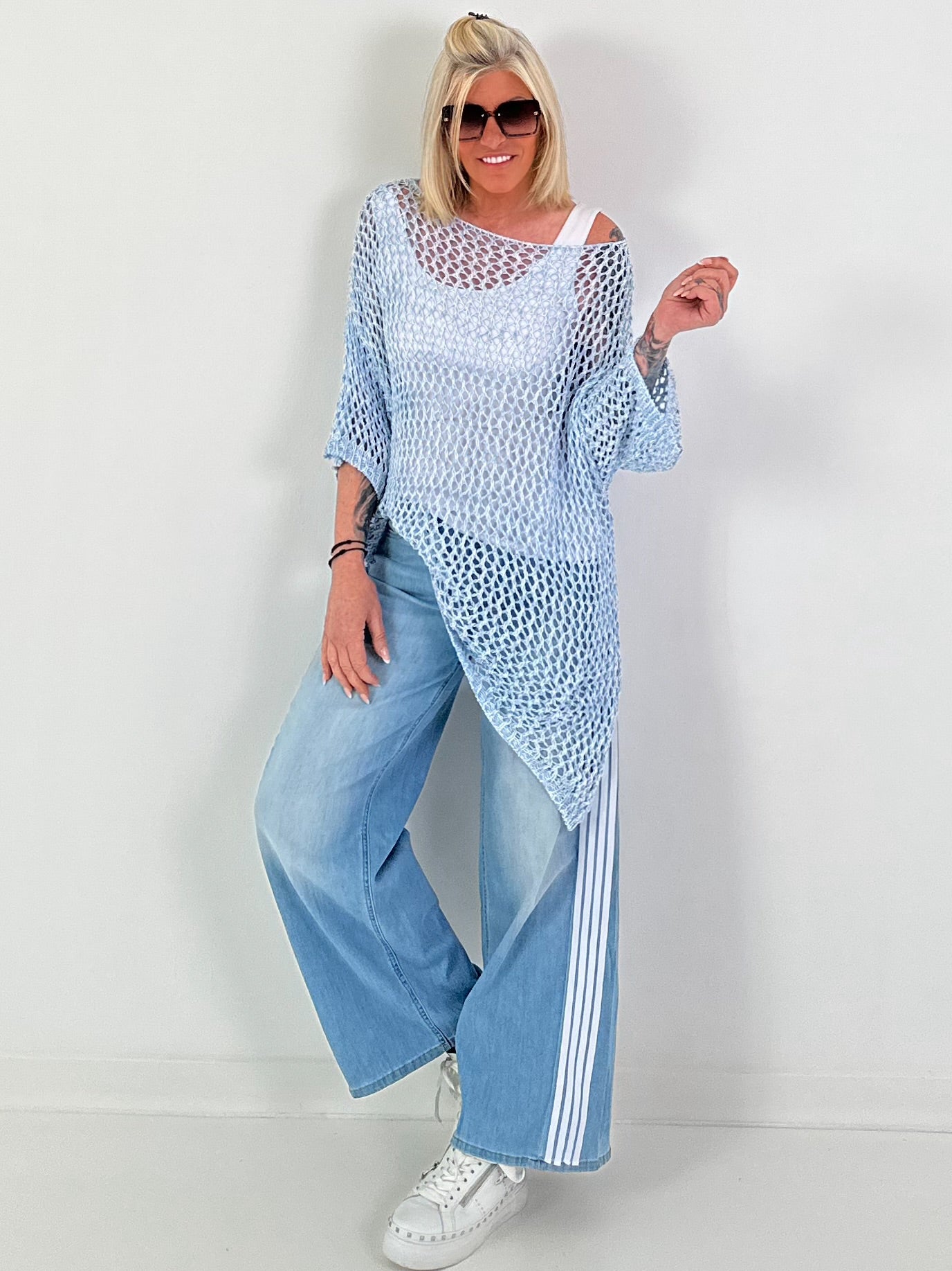 Häkelpullover asymmetrisch - hellblau