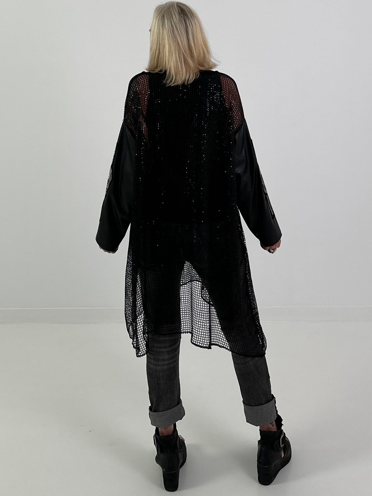 Stylish Long Mesh Shirt with Skull Details - black