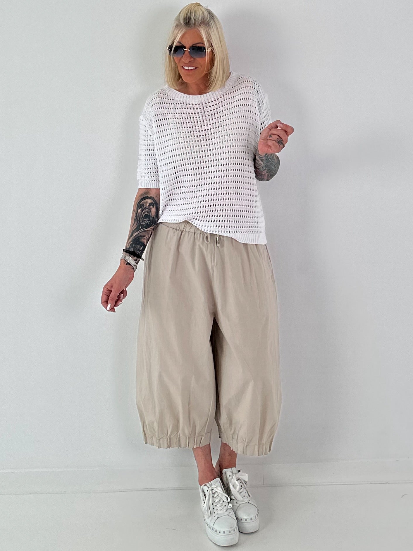 Strick Shirt mit Lochmuster - weiss