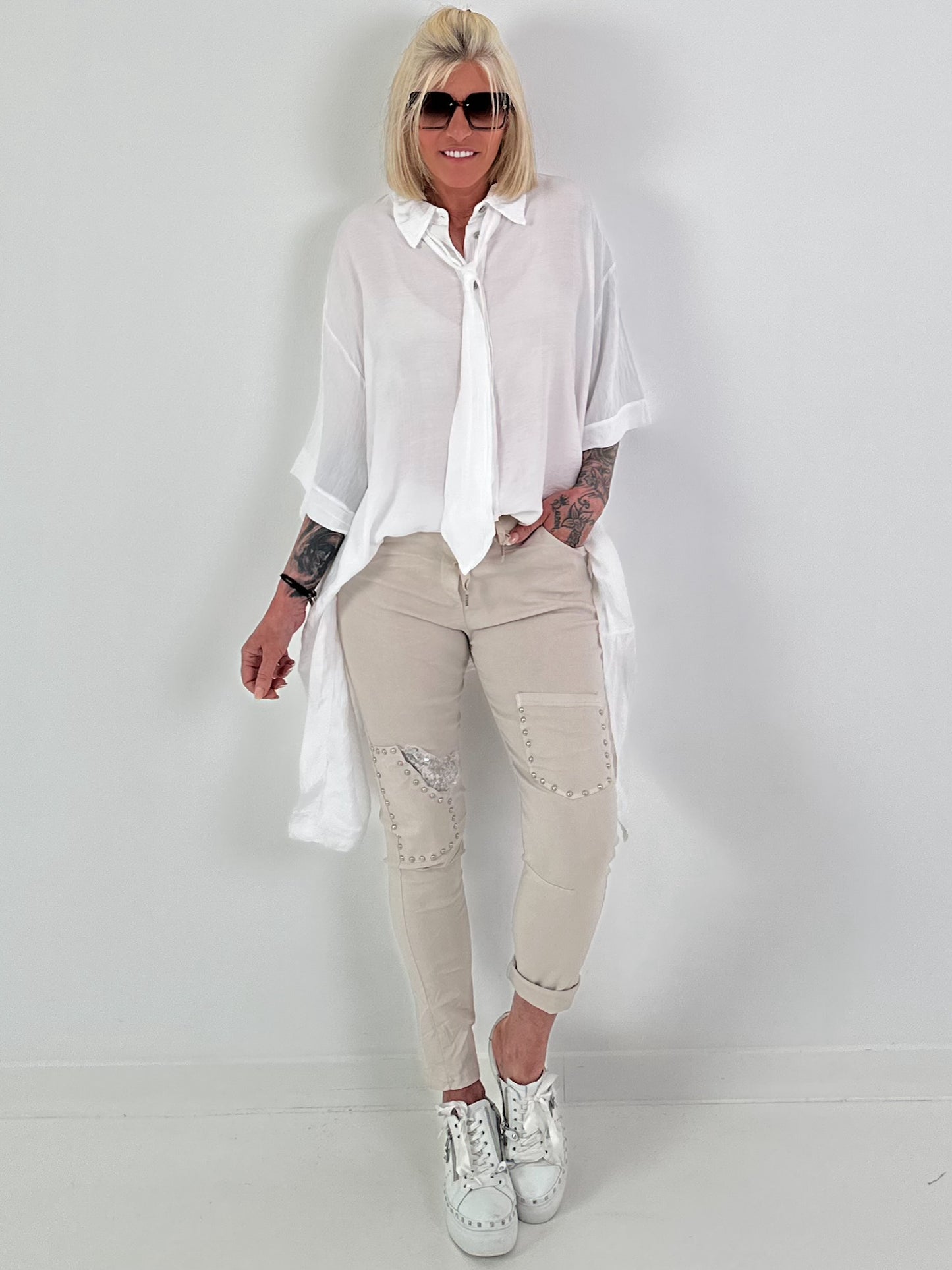 Oversized asymmetrical blouse with tie - white