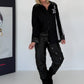 Hemdbluse mit Lederoptik-Elementen und Statement-Patch - schwarz