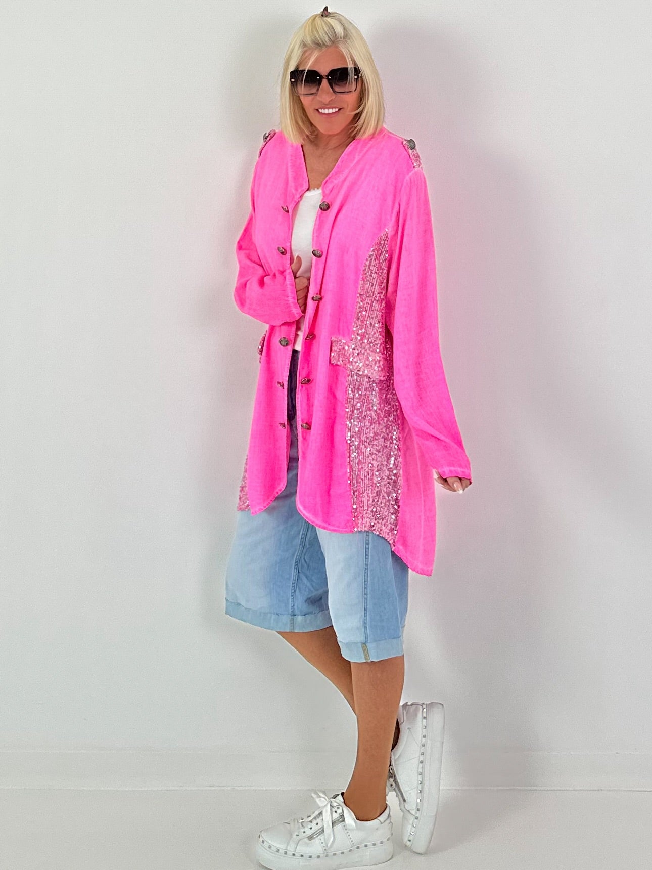Oversized Linen Military Blazer - neon pink