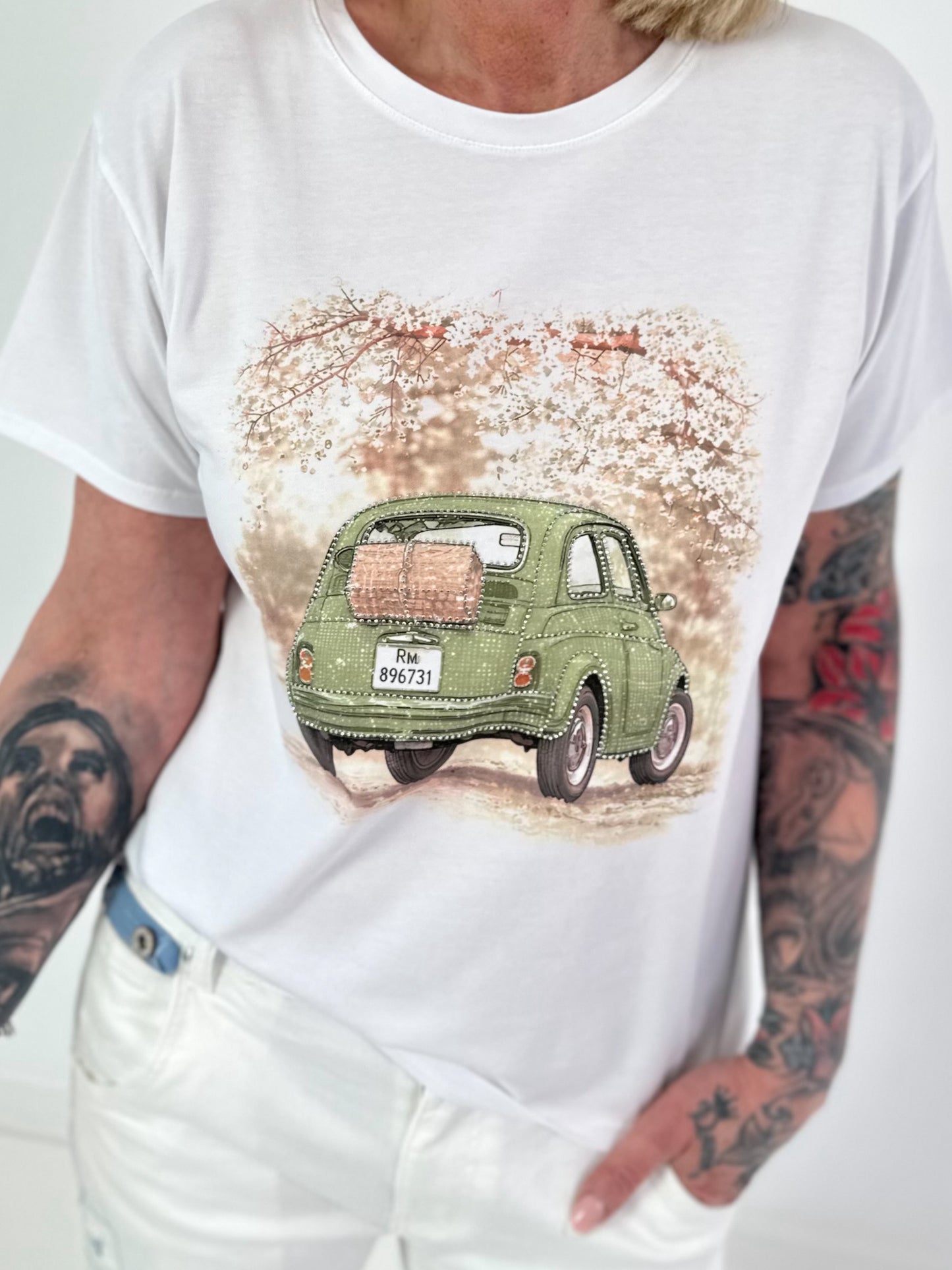 T-Shirt Glitzer Car - weiss-khaki