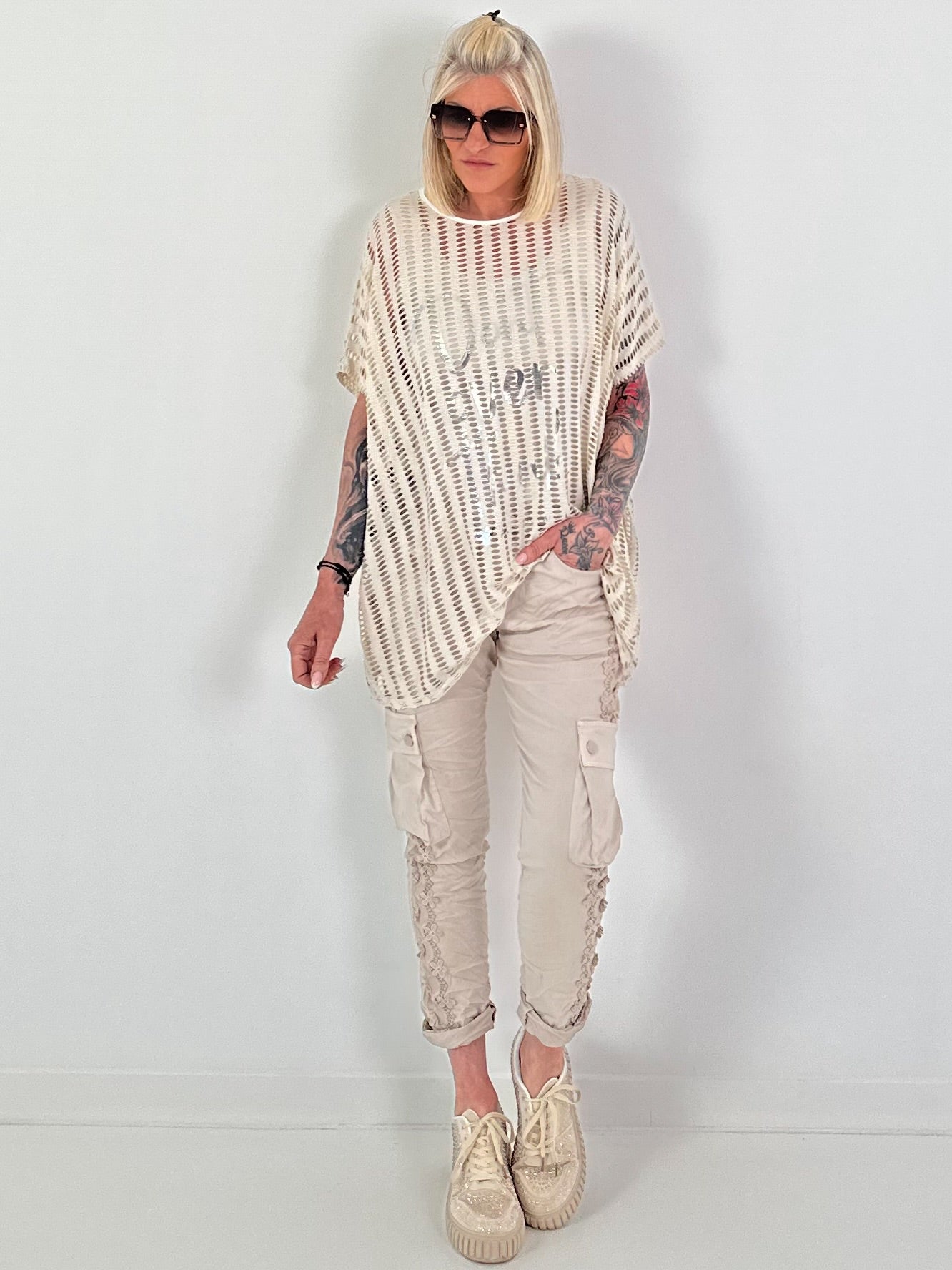 Netzshirt Don´t Overthink - beige