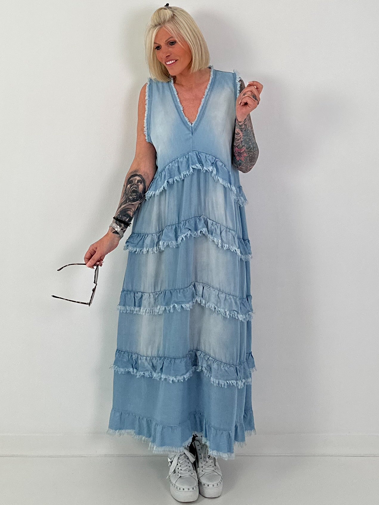 Sleeveless Ruffle Denim Dress - Light Blue