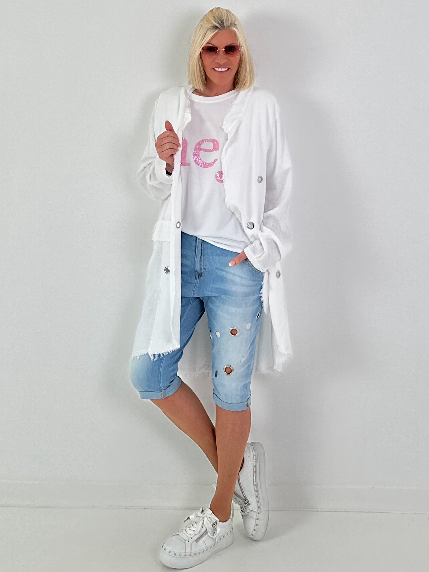 Linen Short Coat with Eyelets - white