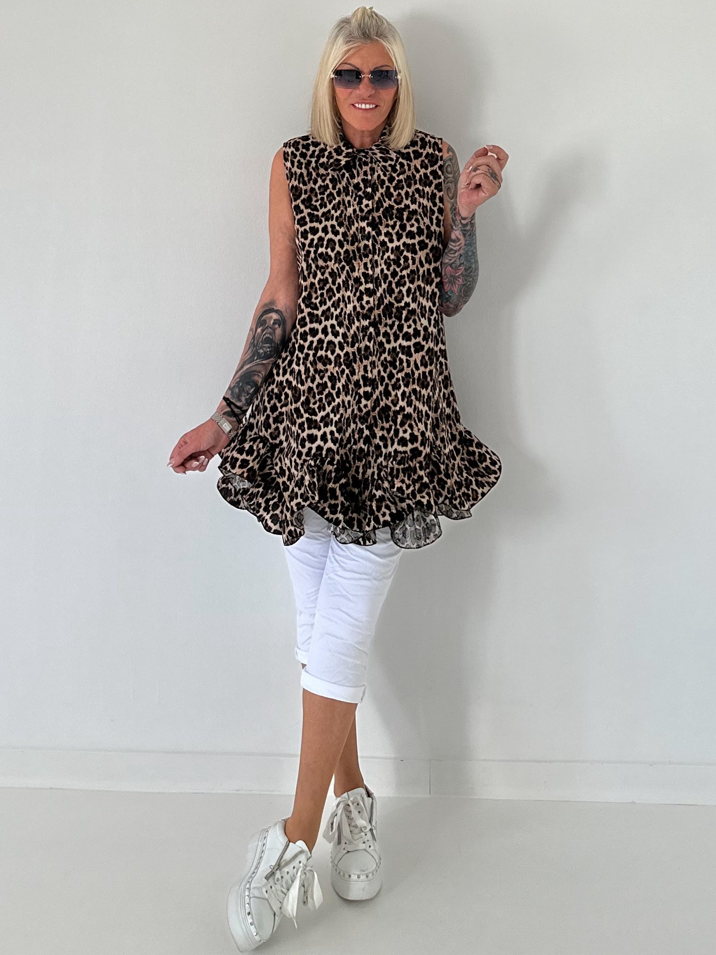 Long Bluse mit Volants - leo - mehrfarbig