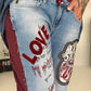 Jogg-Jeans im Used Look Love & Rock - denim-burgundi