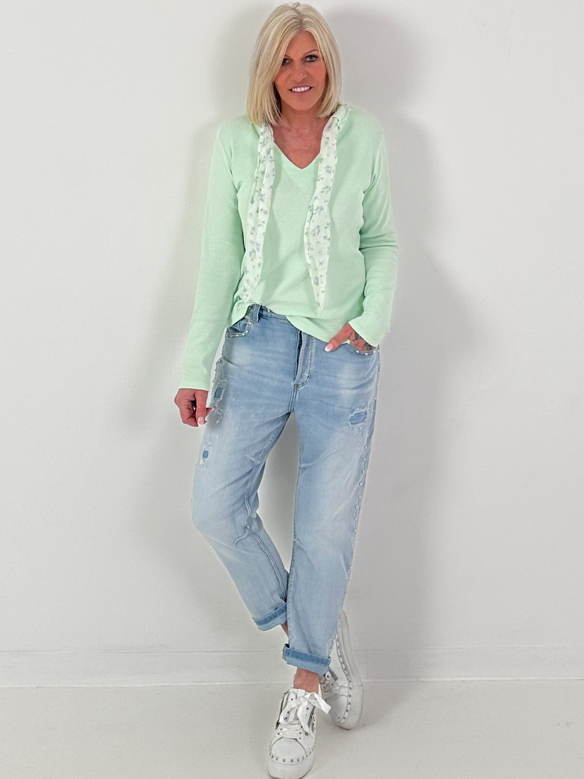 Ripp-Shirt mit floralen Bändern - mint