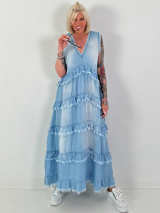 Sleeveless Ruffle Denim Dress - Light Blue
