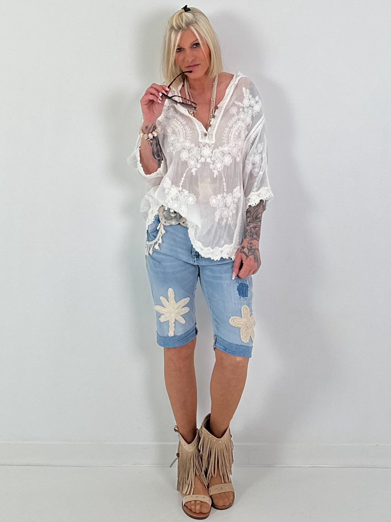 Boho Tunic with Crochet Appliqués - White