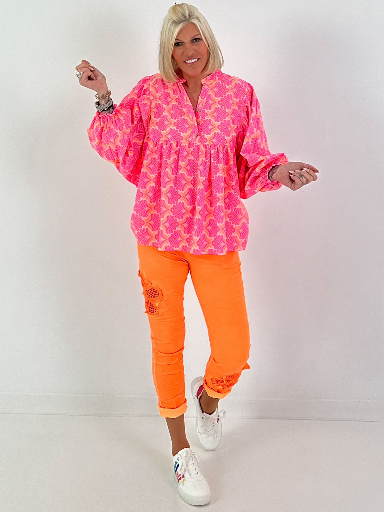 Patterned blouse - neon pink-neon orange-white