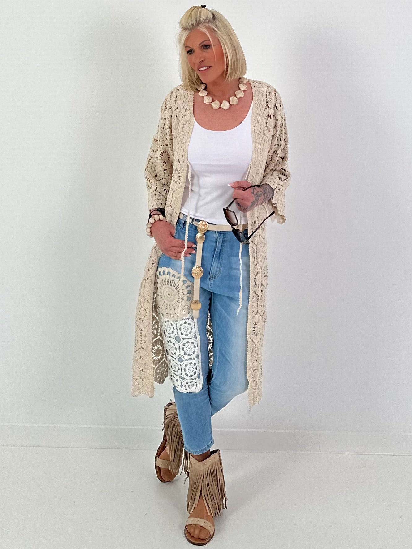 Häkelmantel zum Binden - beige