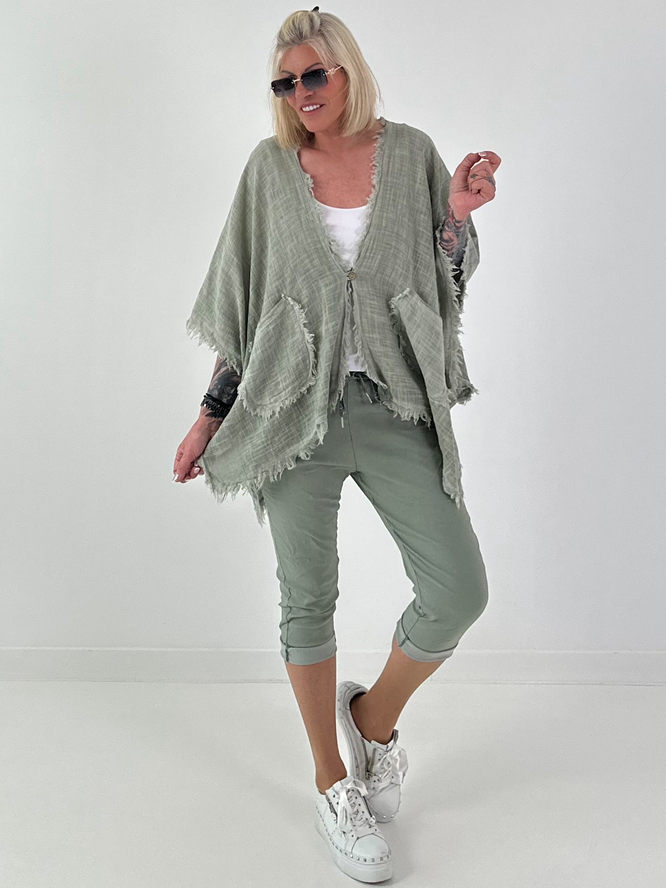Leinen Poncho Jacke - salbei